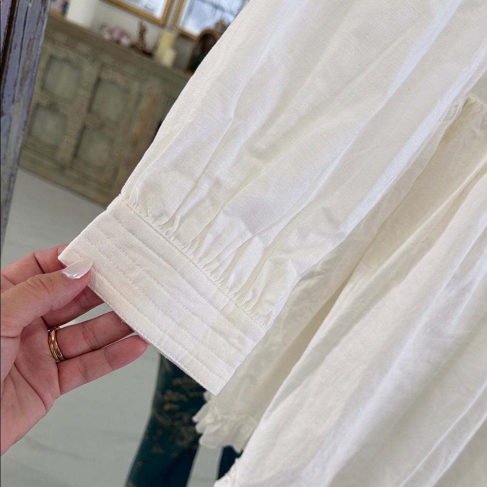 Chic White Button-Up Linen Blend Long Sleeve Mini Dress - Picture 4 of 7
